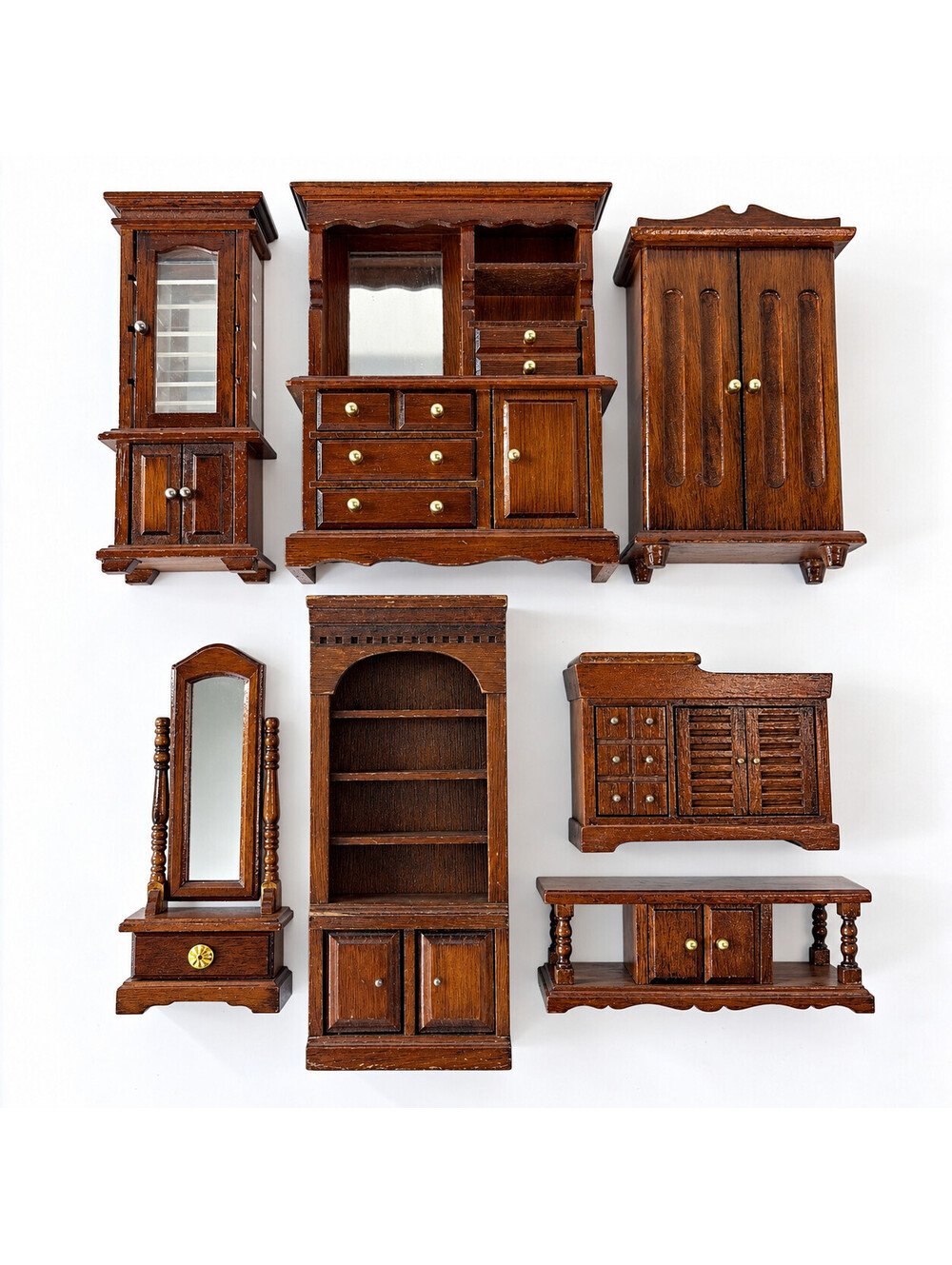 Vintage 1:12 Dollhouse Furniture 7 Pc Wood Lot Taiwan Wardrobe Cabinet Vanity